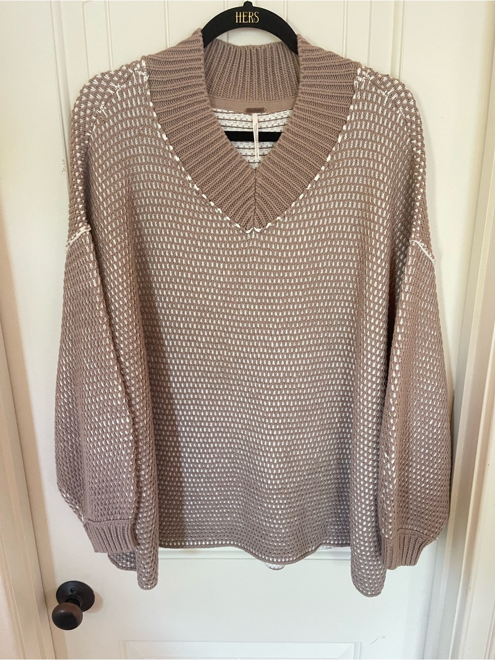 Free People Oversized V-Neck Open Knit Sweater in Taupe